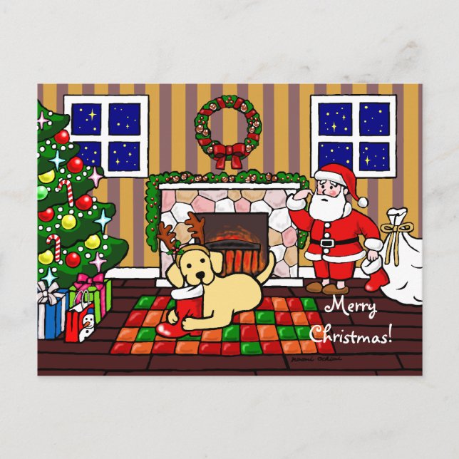 Yellow Labrador and Santa Christmas Cartoon Holiday Postcard (Front)