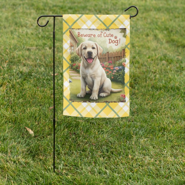 Yellow Labrador Beware Of Cute Dog Garden Flag (In SItu)