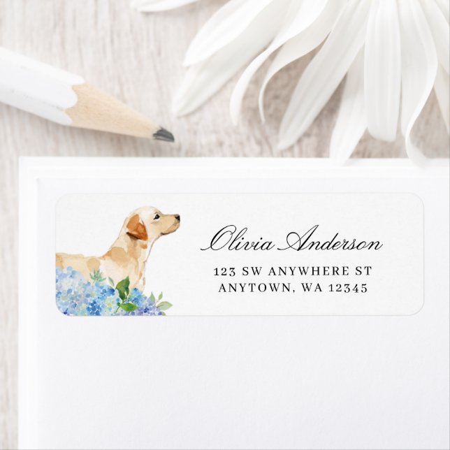 Yellow Labrador Blue Hydrangea Return Address Label (Insitu)