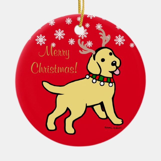 Yellow Labrador Christmas Antlers Ceramic Ornament (Front)