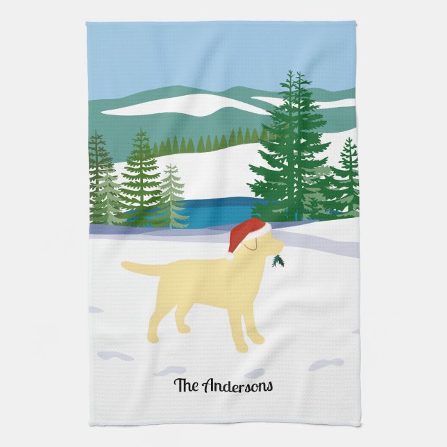 Yellow Labrador Christmas Evergreen Santa Hat Kitchen Towel (Vertical)