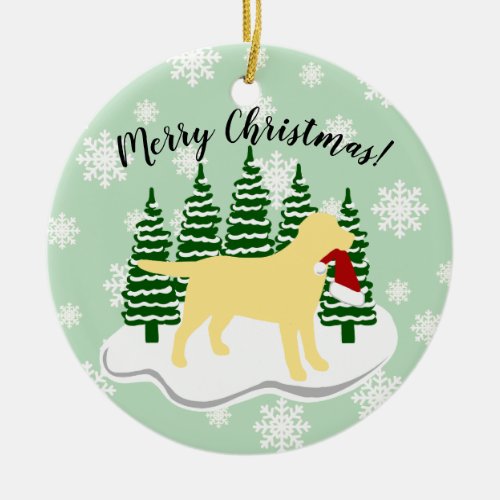 Yellow Labrador Christmas Evergreen Snowflakes Ceramic Ornament