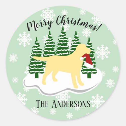 Yellow Labrador Christmas Evergreen Snowflakes Classic Round Sticker