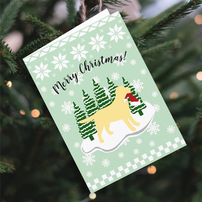 Yellow Labrador Christmas Evergreen Snowflakes Holiday Card (Yellow Labrador Evergreen Snowflakes Design Christmas Cards for Yellow Labrador Owners.  Silhouette.)