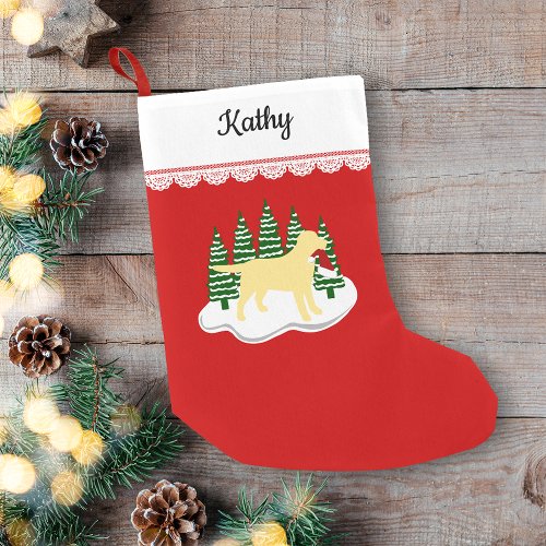 Yellow Labrador Christmas Evergreen Trees Small Christmas Stocking