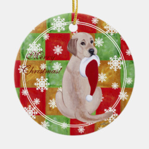 Yellow Labrador Christmas Santa Hat Snowflake Ceramic Ornament
