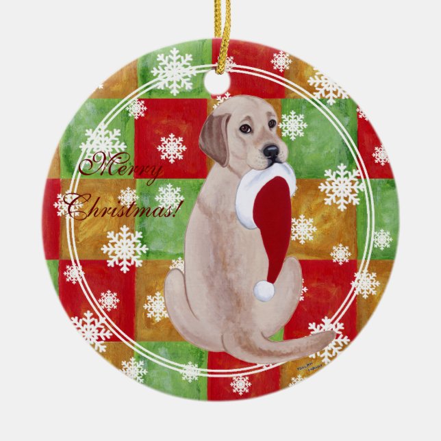 Yellow Labrador Christmas Santa Hat Snowflake Ceramic Ornament (Front)