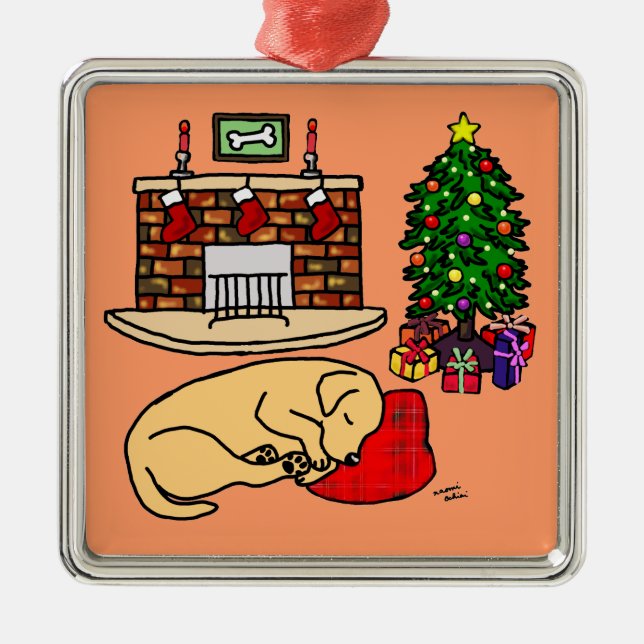 Yellow Labrador Christmas Tree Illustration Metal Ornament (Front)