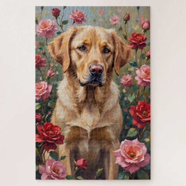 Yellow Labrador Dog Valentine's Day Rose Field Jigsaw Puzzle (Vertical)