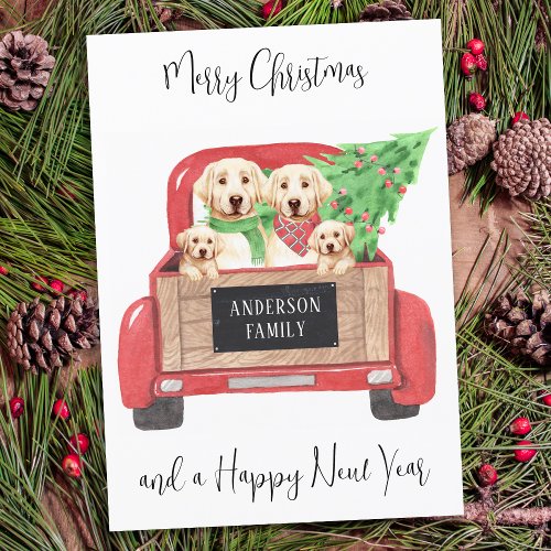 Yellow Labrador Dogs Red Truck Merry Christmas  Holiday Card