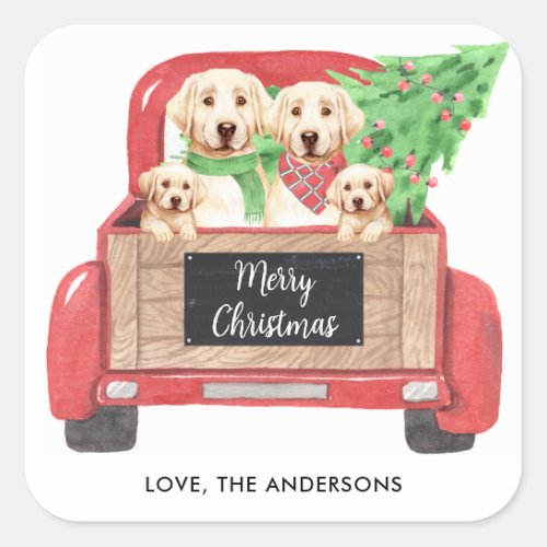 Yellow Labrador Dogs Red Truck Merry Christmas  Square Sticker