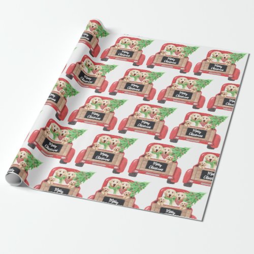 Yellow Labrador Dogs Red Truck Merry Christmas  Wrapping Paper