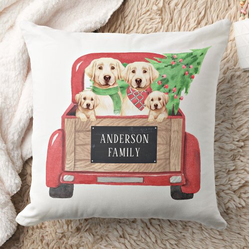 Yellow Labrador Dogs Vintage Red Truck Christmas  Throw Pillow