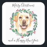 Yellow Labrador  Elegant Dog Merry Christmas Square Sticker<br><div class="desc">Add the finishing touch to your holiday cards, gifts wrapping or party this holiday season with this elegant Merry Christmas yellow labrador retriever in a wreath design christmas stickers, and matching decor. This yellow labrador holiday stickers features a watercolor dog in a green and red wreath with holly and berries....</div>