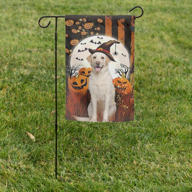 Yellow Labrador Happy Halloween Double Sided Flag (In SItu)