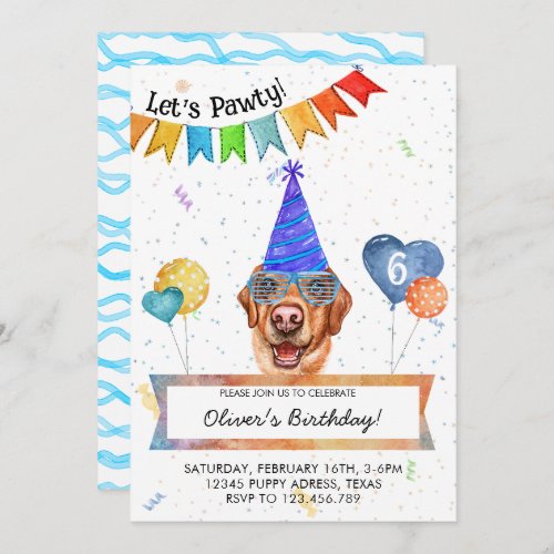 Yellow Labrador Lets Pawty Dog Birthday Party Invitation