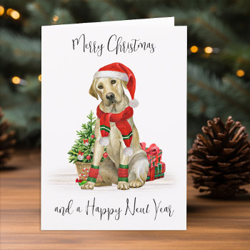 Yellow Labrador Merry Christmas Festive Santa Dog Holiday Card by BlackDogArtJudy at Zazzle