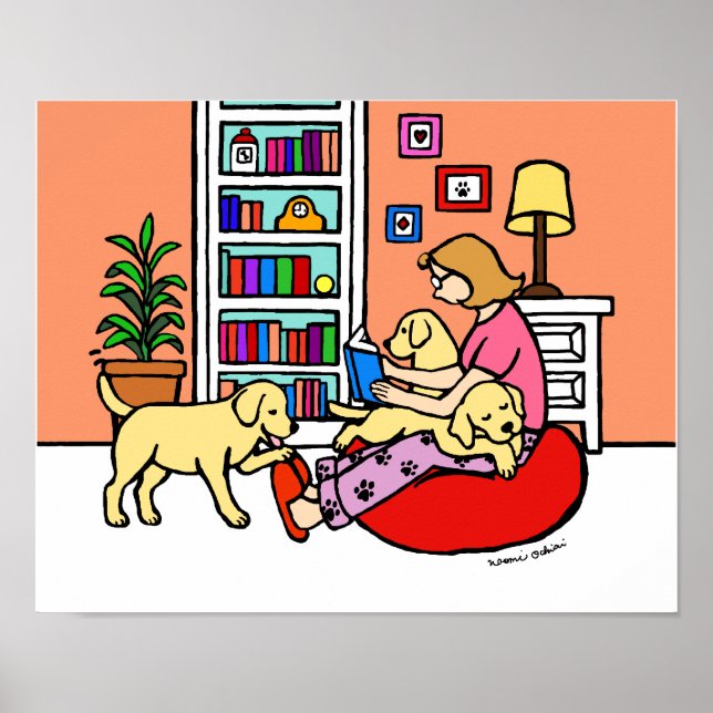 Yellow Labrador Mom Reading Cartoon Poster (Front)