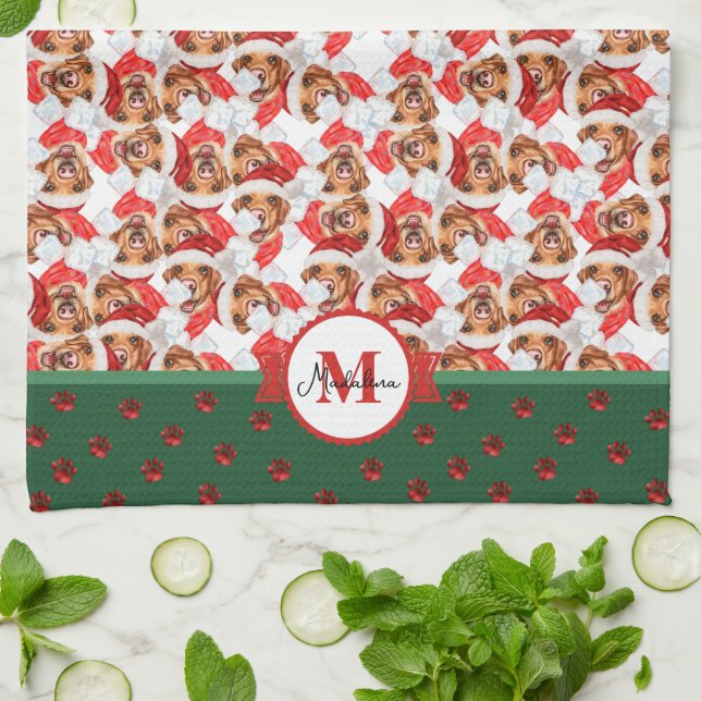 Yellow Labrador Pattern Monogram Christmas Dog Kitchen Towel (Folded)