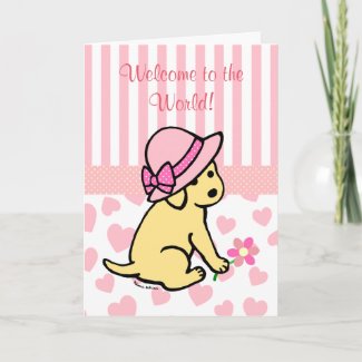Yellow Labrador Pink New Baby Girl Congratulations Card