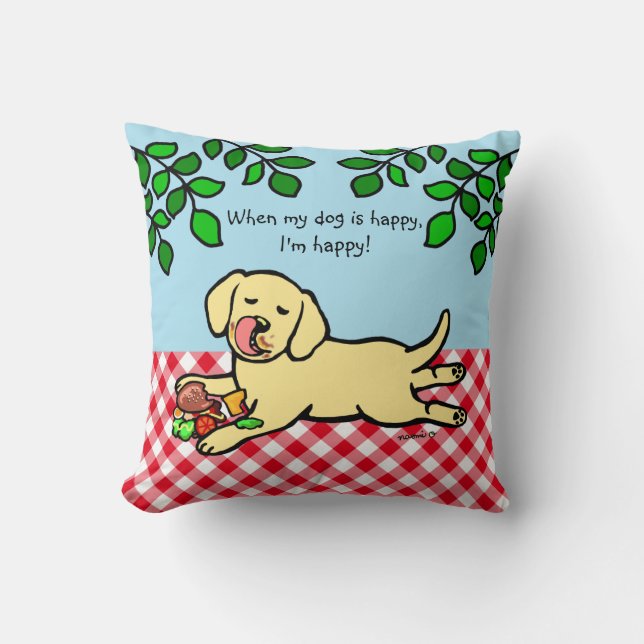 Yellow Labrador Puppy and Hamburger Throw Pillow (Front)