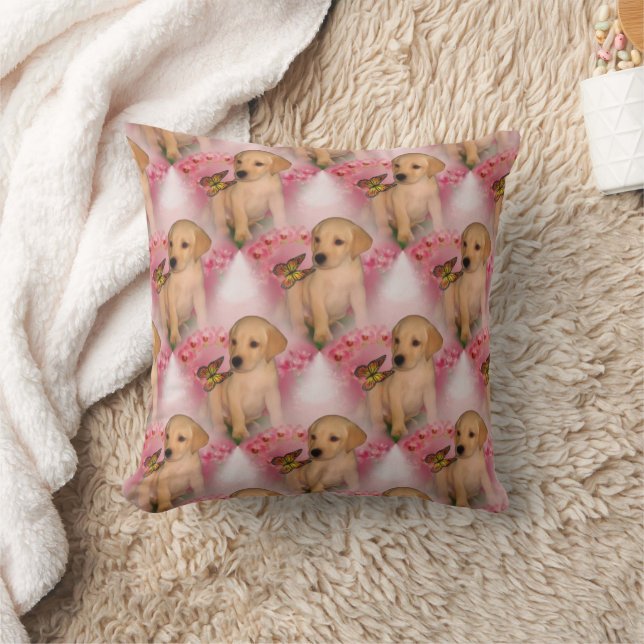 Yellow Labrador Puppy Butterfly Animal Pattern Throw Pillow (Blanket)