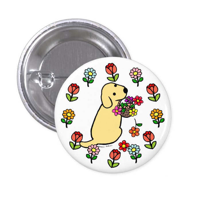 Yellow Labrador Puppy Flower Basket Cartoon Pinback Button