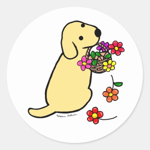Yellow Labrador Puppy Flower Basket Cartoon Classic Round Sticker