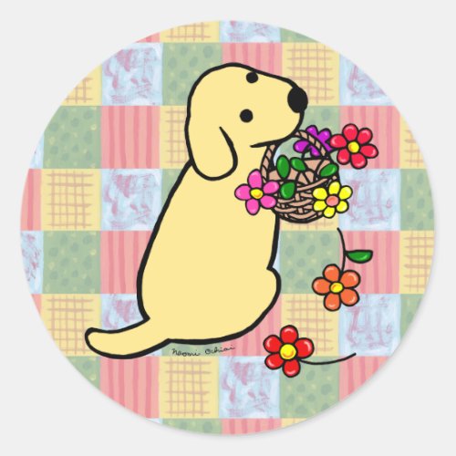 Yellow Labrador Puppy Flower Basket Cartoon Classic Round Sticker