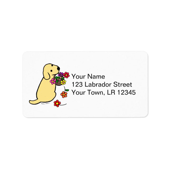 Yellow Labrador Puppy Flower Basket Cartoon Label (Front)