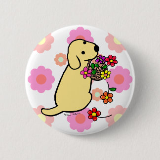 Yellow Labrador Puppy Flower Basket Cartoon Pinback Button