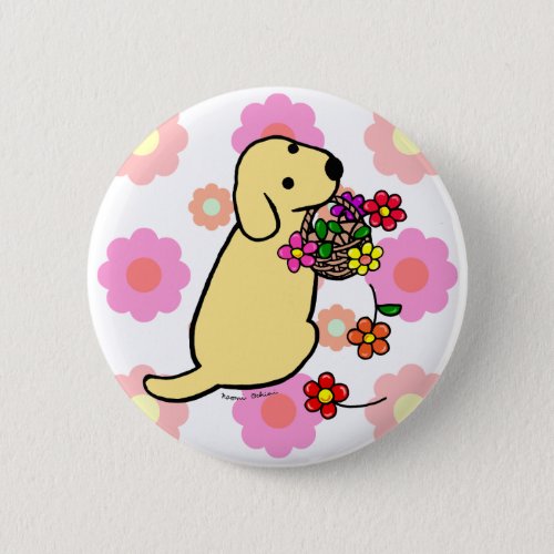 Yellow Labrador Puppy Flower Basket Cartoon Pinback Button