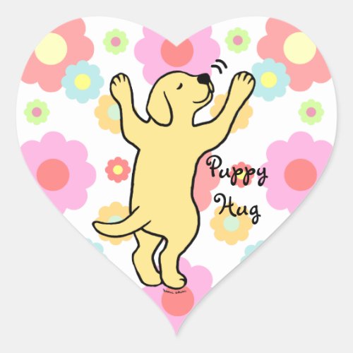 Yellow Labrador Puppy Hug Cartoon Floral Heart Sticker