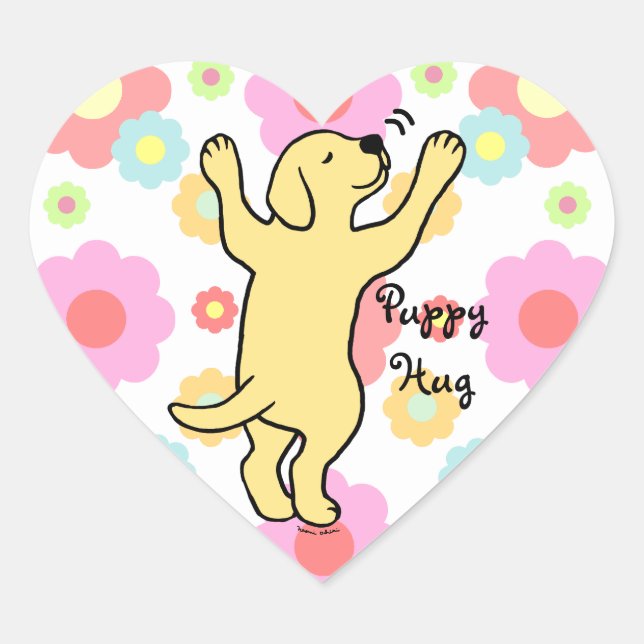Yellow Labrador Puppy Hug Cartoon Floral Heart Sticker (Front)