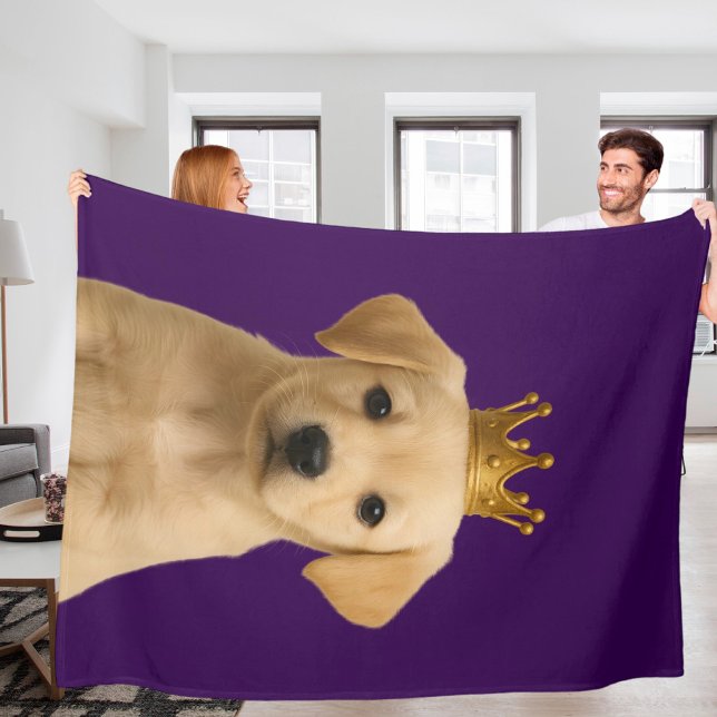Yellow Labrador Puppy in Gold Crown Cute Fleece Blanket (Yellow Labrador Puppy in Gold Crown Cute Fleece Blanket by Ricaso. Golden lab pup dog on purple)