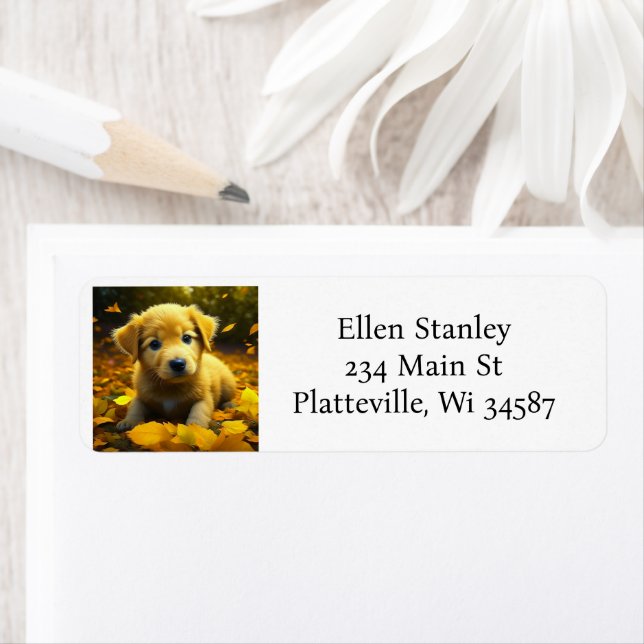 Yellow Labrador Puppy Playing in Fall Leaves Label (Insitu)