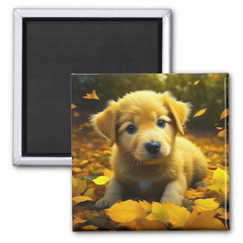 Yellow Labrador Puppy Playing in Fall Leaves Magnet
