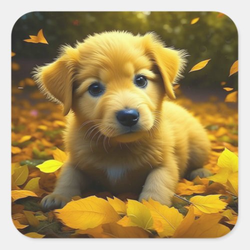 Yellow Labrador Puppy Playing in Fall Leaves Square Sticker