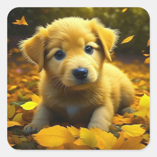 Yellow Labrador Puppy Playing in Fall Leaves Square Sticker (Front)