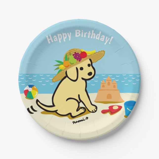 Yellow Labrador Puppy Straw Hat Birthday Paper Plates (Front)