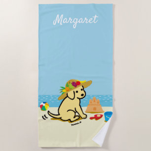 Yellow Labrador Puppy Straw Hat Cartoon Beach Towel