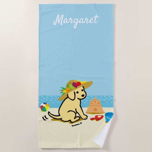 Yellow Labrador Puppy Straw Hat Cartoon Beach Towel