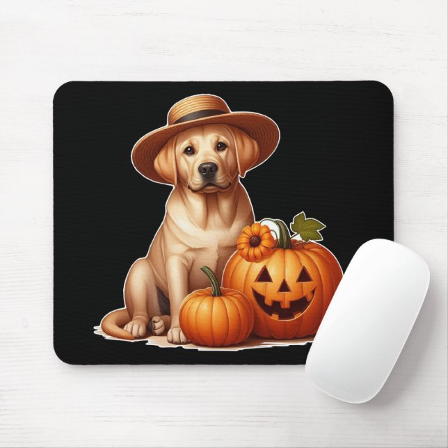 Yellow Labrador Puppy Wearing Hat with Pumpkins Mouse Pad (With Mouse)