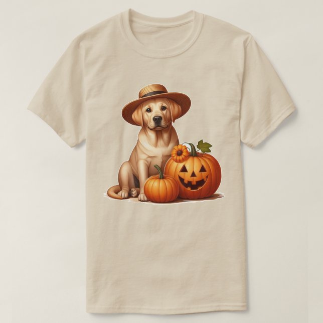 Yellow Labrador Puppy Wearing Hat with Pumpkins T-Shirt (Design Front)