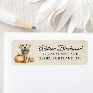 Yellow Labrador Puppy with a Pumpkin Return Label