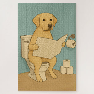 Yellow Labrador Reading Newspaper on Toilet Jigsaw Puzzle
