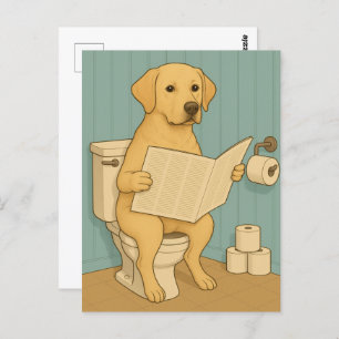 Yellow Labrador Reading Newspaper on Toilet Postcard