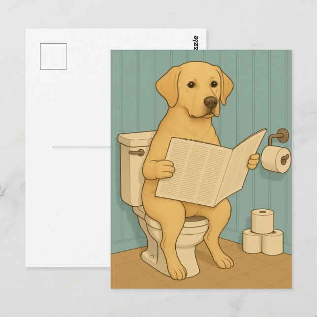 Yellow Labrador Reading Newspaper on Toilet Postcard (Front/Back)