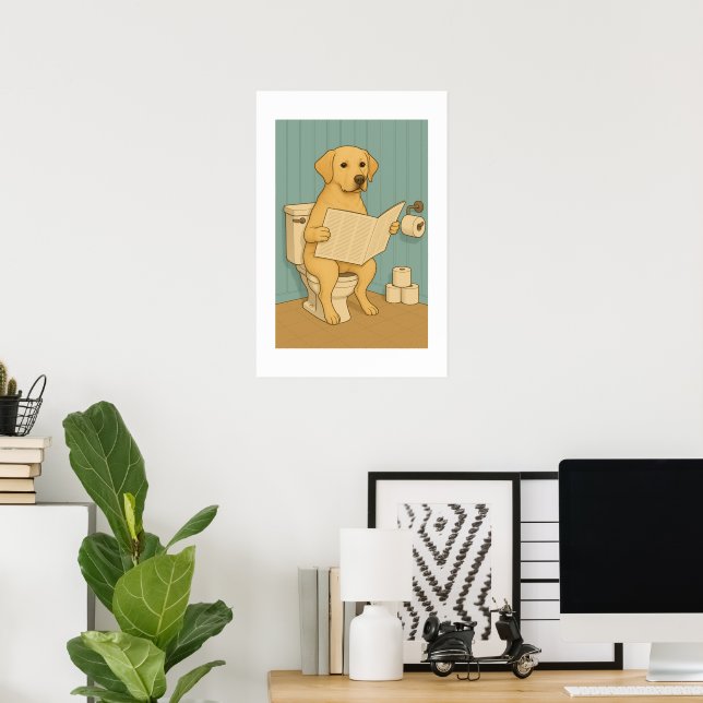 Yellow Labrador Reading Newspaper on Toilet Poster (Home Office)