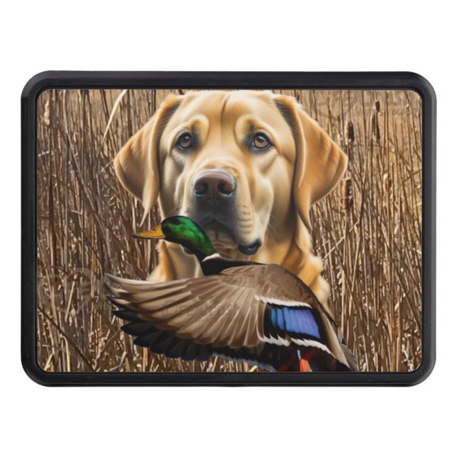 Yellow Labrador Retriever and Flying Mallard Hitch Cover (Front)